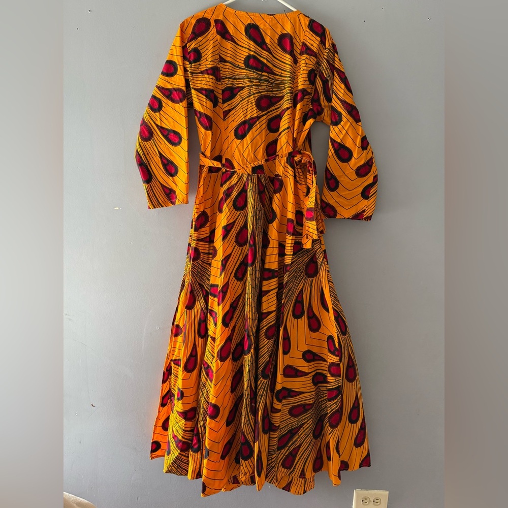 Bold Mustard Yellow Wrap Maxi Dress with Red & Black Accents 57”for wrapping - Picture 2 of 12